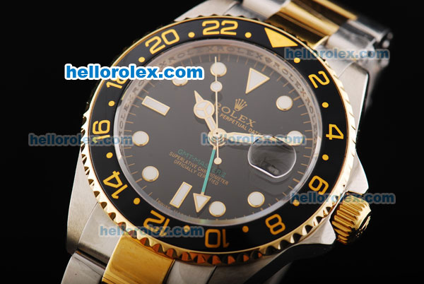 Rolex GMT-Master II Oyster Perpetual Swiss ETA 2836 Automatic Movement Two Tone with Black Bezel and Black Dial - Click Image to Close